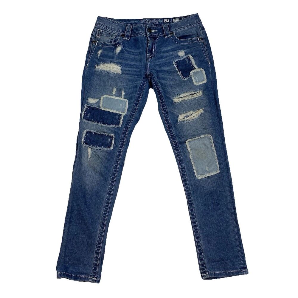 Miss Me Jeans 28x27 Distressed Patchwork Skinny Blue Denim Mid Rise Boho